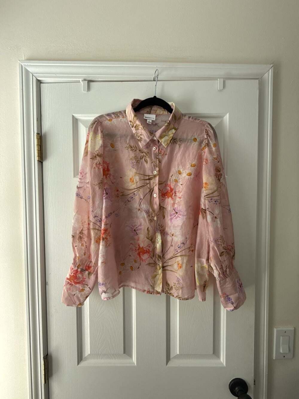 Bailey 44 Pink Floral Long Sleeve Button-Up Blouse with Puff Sleeves Size L
